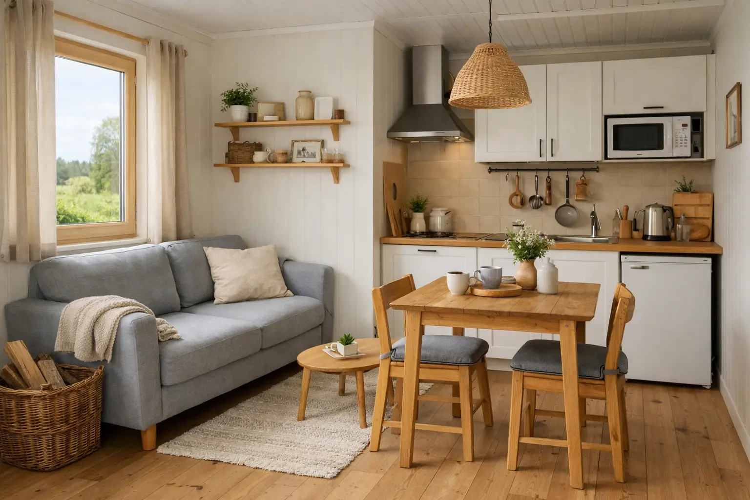 Obývačka s kuchyňou v modulovom dome